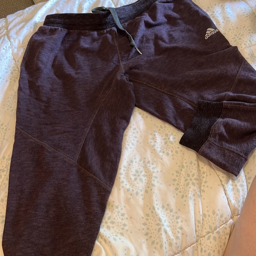 Adidas purple joggers. Long Capri. Pockets and drawstring.